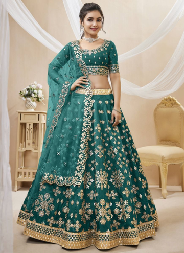 Amazing Foil Mirror Teal Blue Mulberry Silk Lehenga Choli